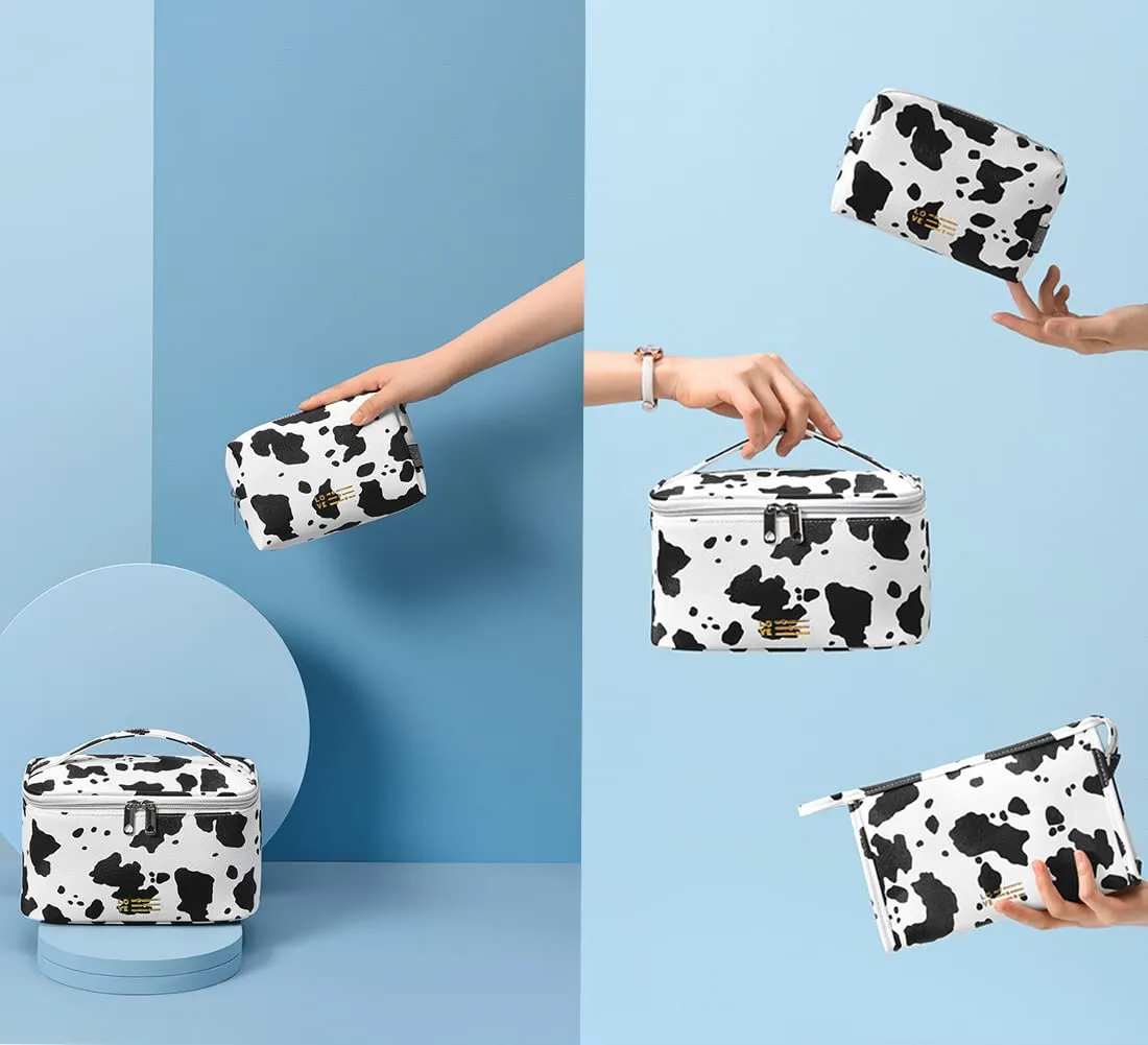 FITINI 3 Pack Makeup Bag Cows Travel Large Toiletry Bag Portable Cosmetic Organizer Pouch with Small Brush Storage Case Gold Zipper Waterproof for Women and Girls,White