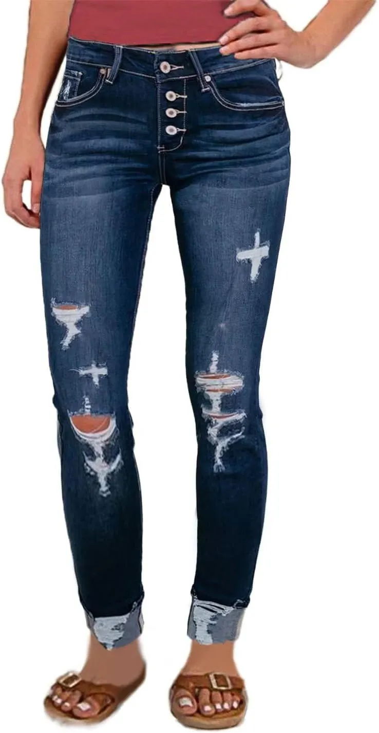 Flamingals Low Waisted Ripped Crosshatch Bootcut Skinny Leg Button Fly Denim Jeans for Women