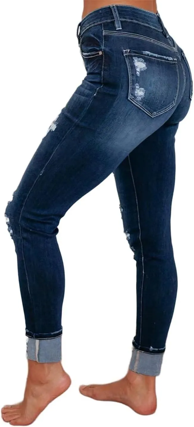 Flamingals Low Waisted Ripped Crosshatch Bootcut Skinny Leg Button Fly Denim Jeans for Women
