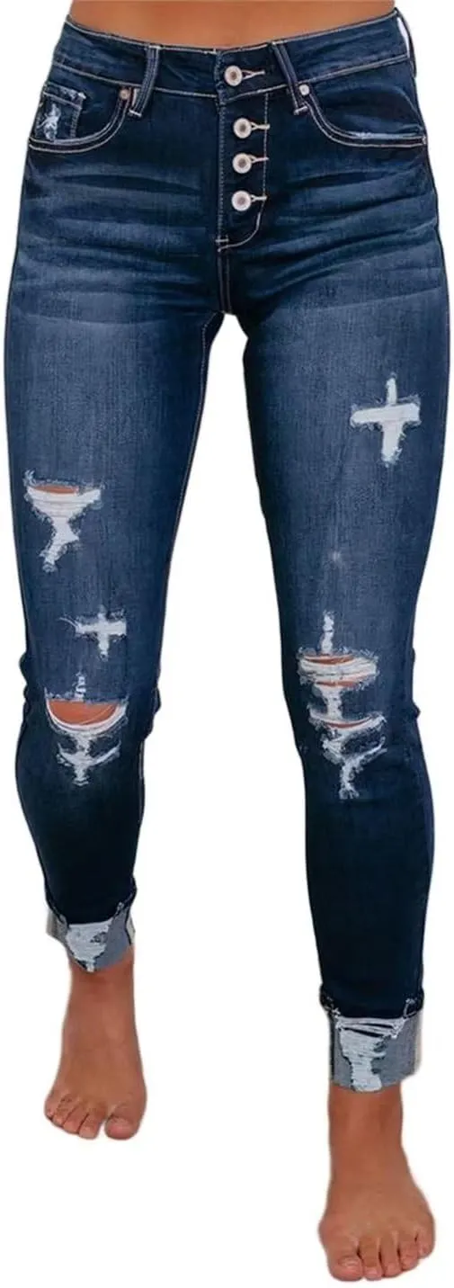 Flamingals Low Waisted Ripped Crosshatch Bootcut Skinny Leg Button Fly Denim Jeans for Women