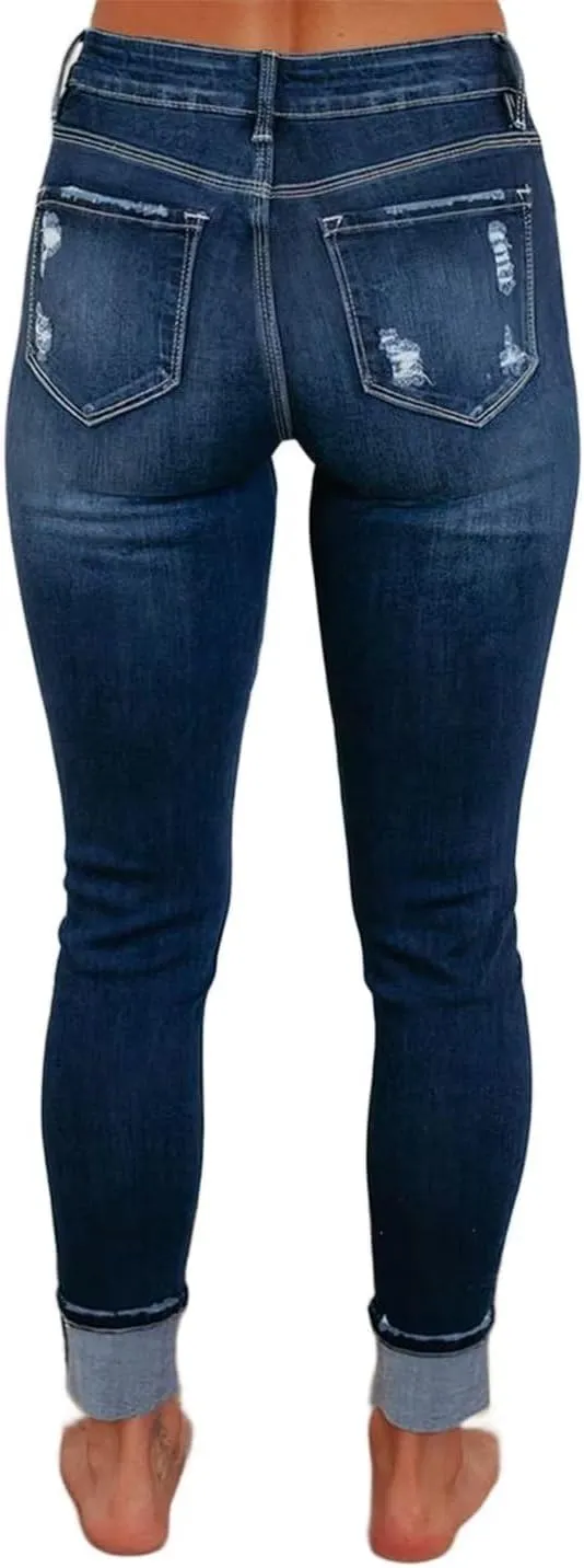 Flamingals Low Waisted Ripped Crosshatch Bootcut Skinny Leg Button Fly Denim Jeans for Women