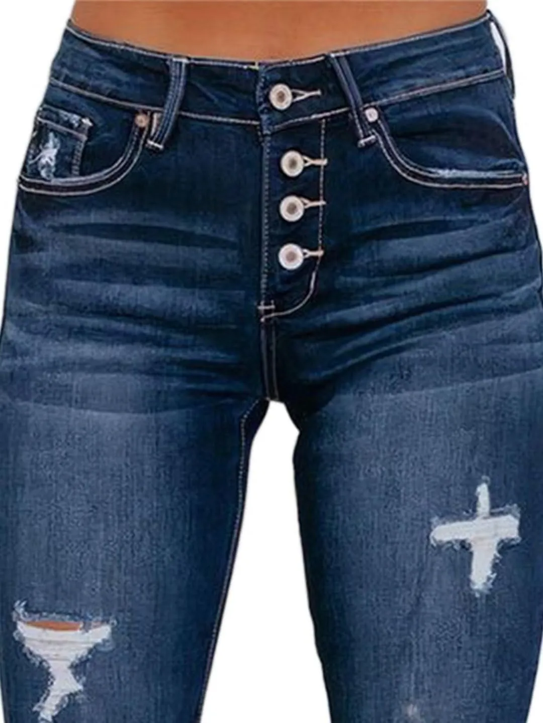 Flamingals Low Waisted Ripped Crosshatch Bootcut Skinny Leg Button Fly Denim Jeans for Women