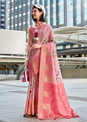 Flamingo Pink Woven Banarasi Printed Silk Saree