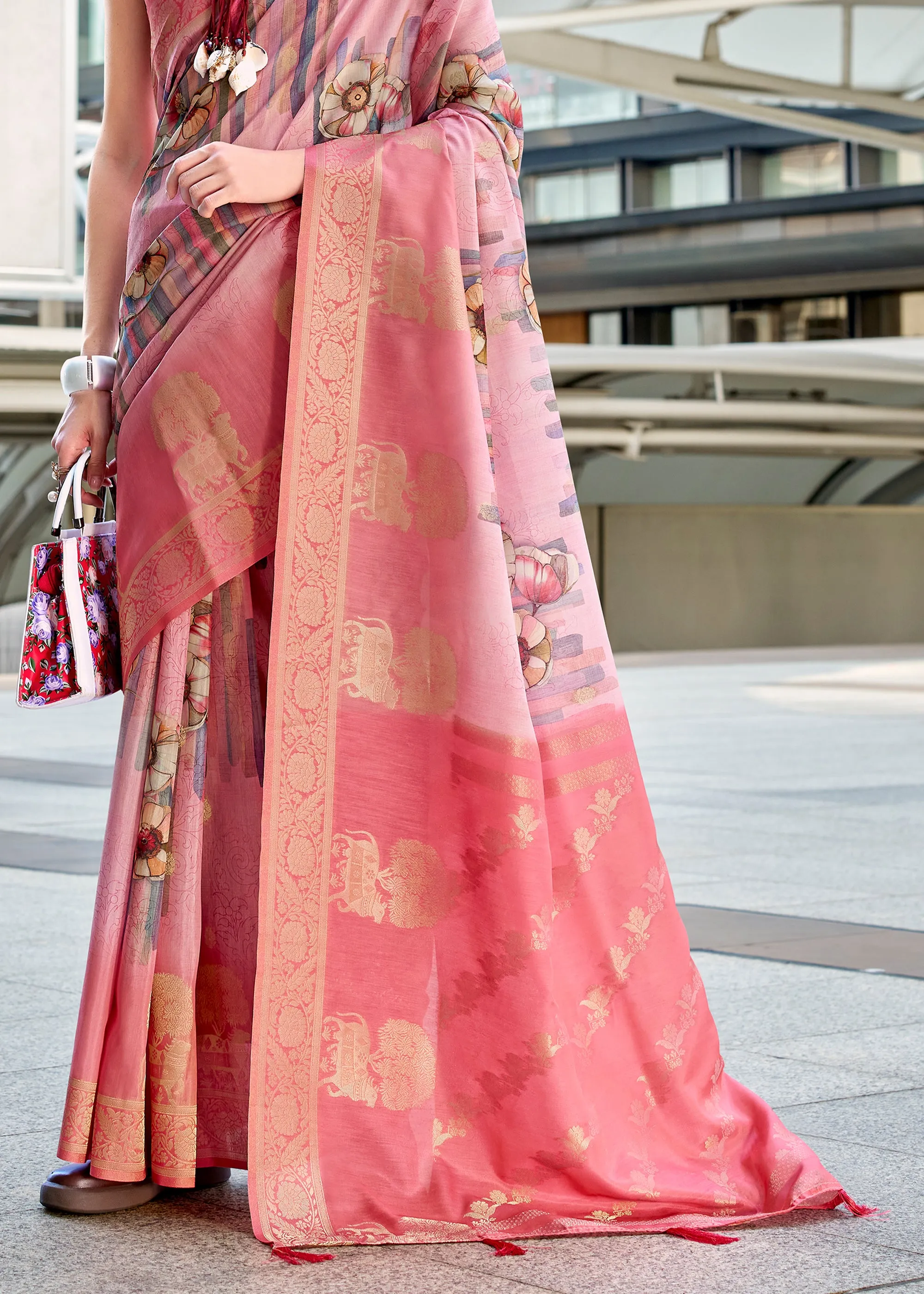 Flamingo Pink Woven Banarasi Printed Silk Saree
