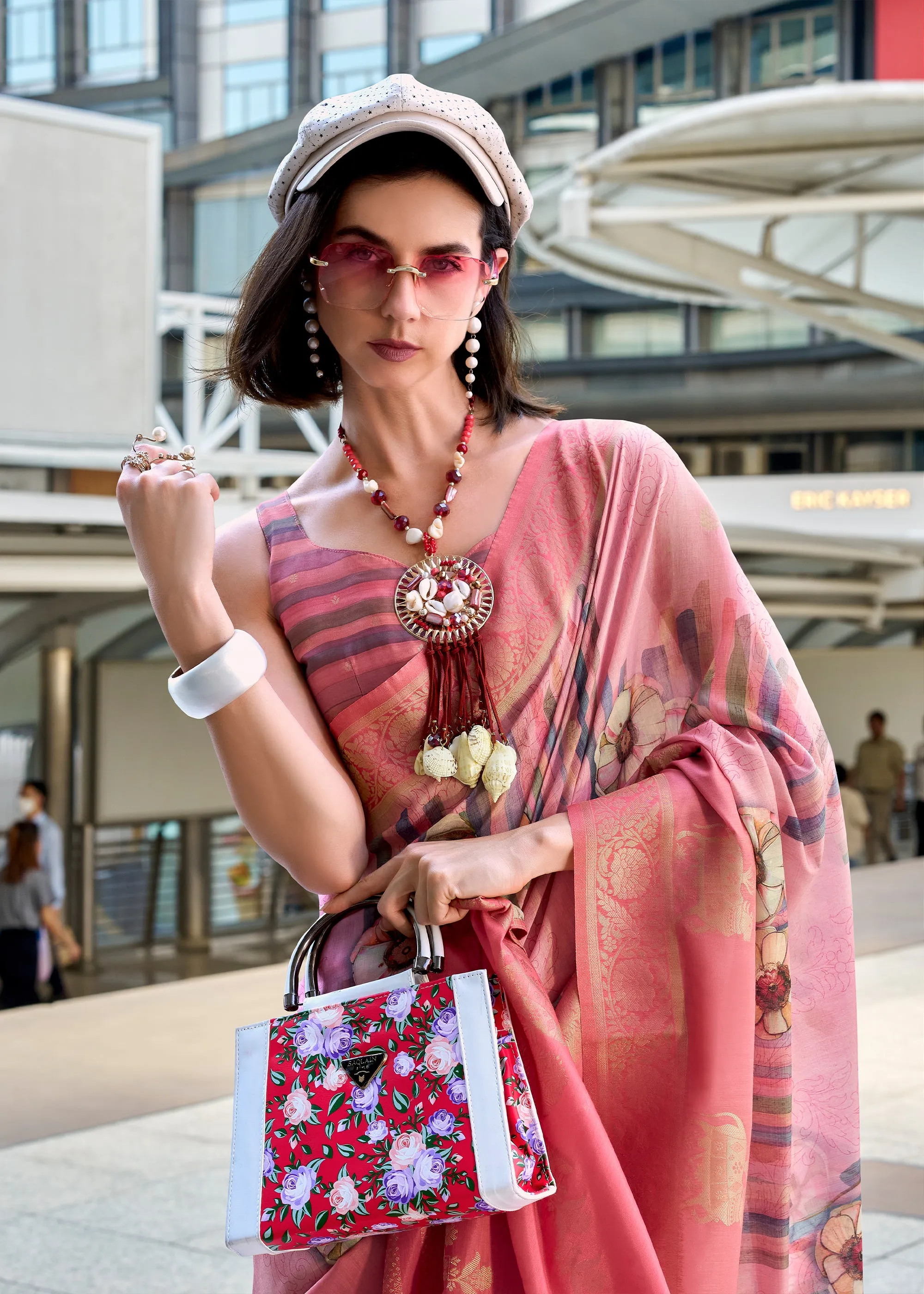 Flamingo Pink Woven Banarasi Printed Silk Saree