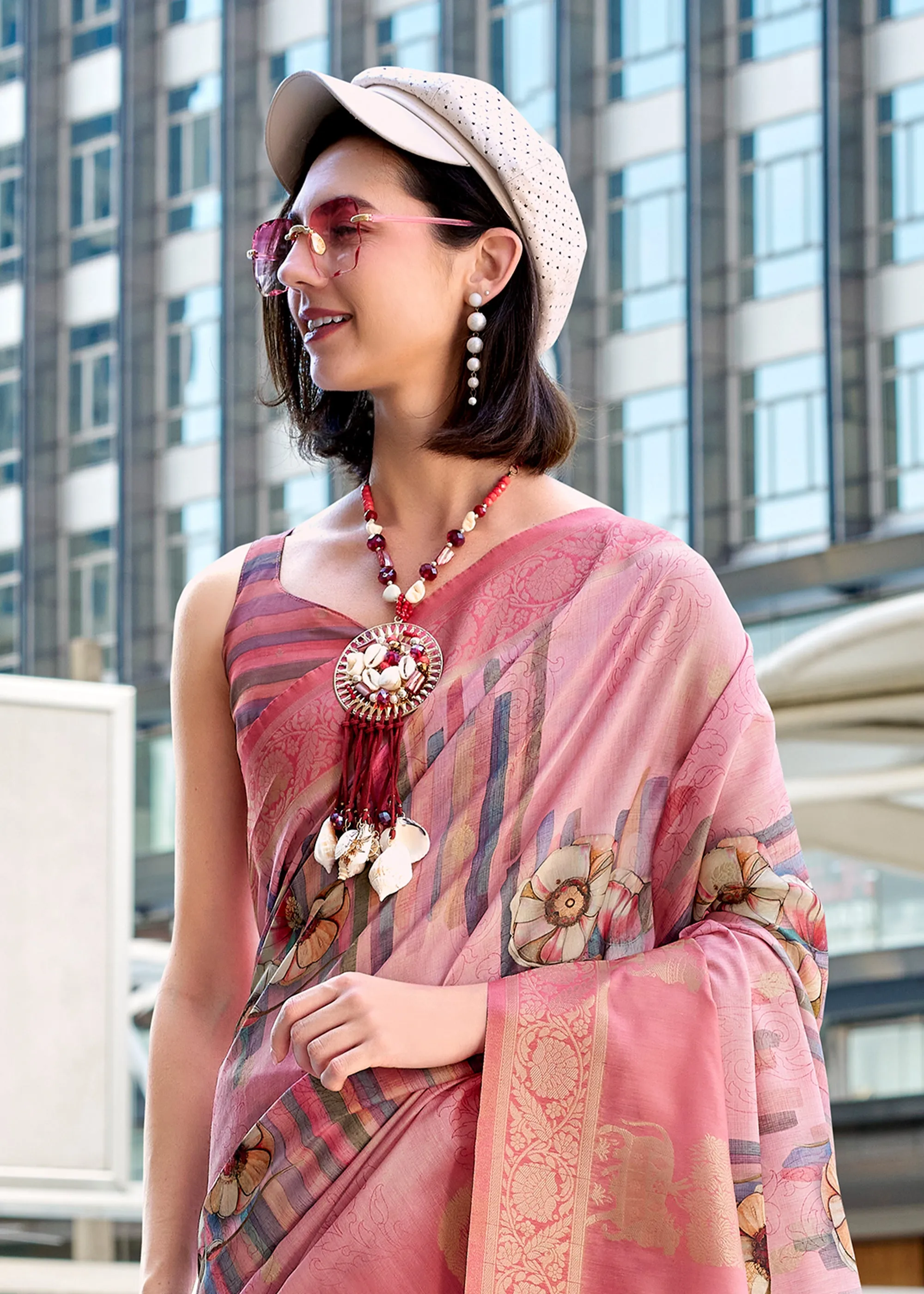 Flamingo Pink Woven Banarasi Printed Silk Saree