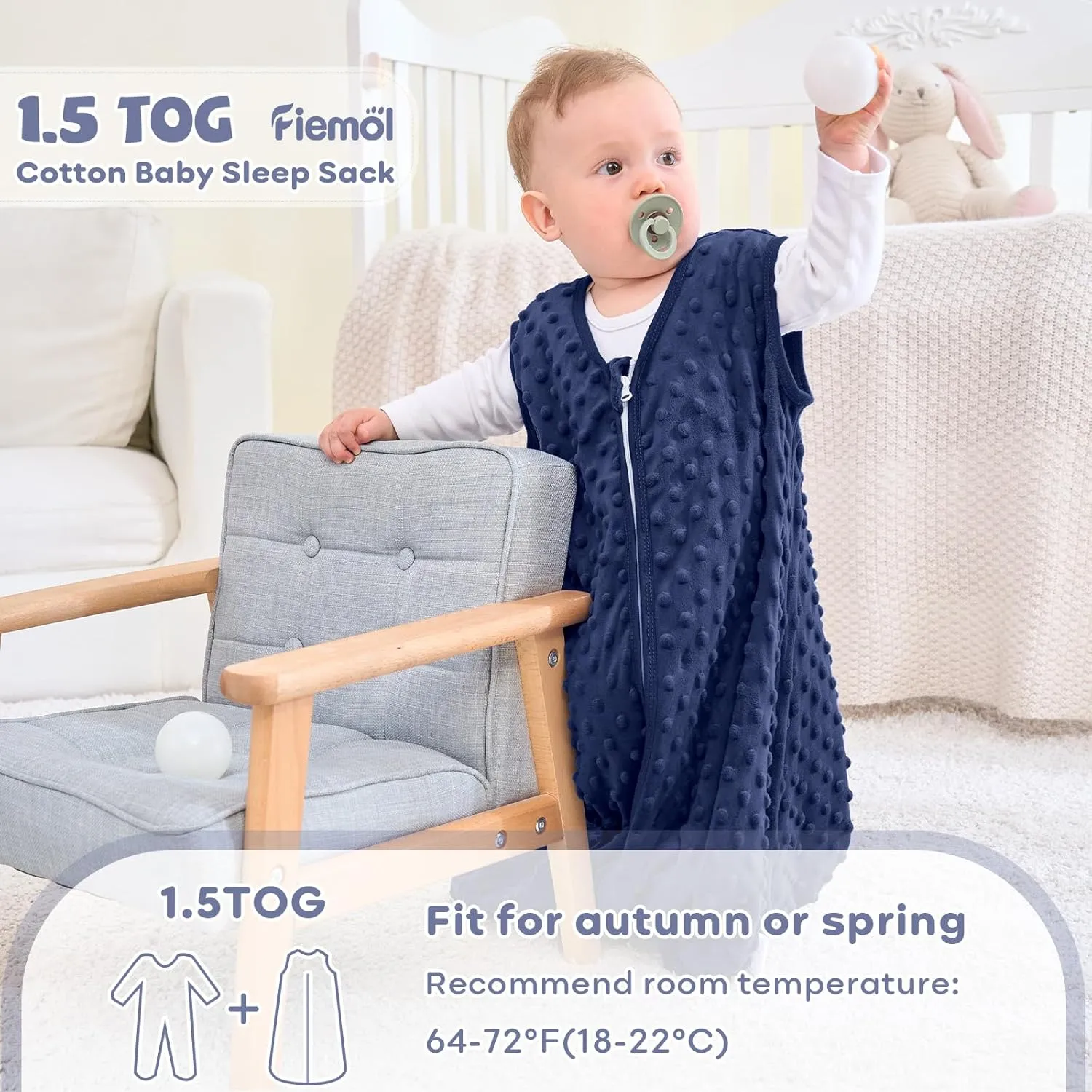 Fleece Baby Sleep Sack 18-24 Months, 1.5 TOG Cotton Baby Wearable Blanket With Soft Plush Dots, 2 Pack Newborn and Infant Warm Sleeping Sack with 2-Way Zipper Blue&Grey