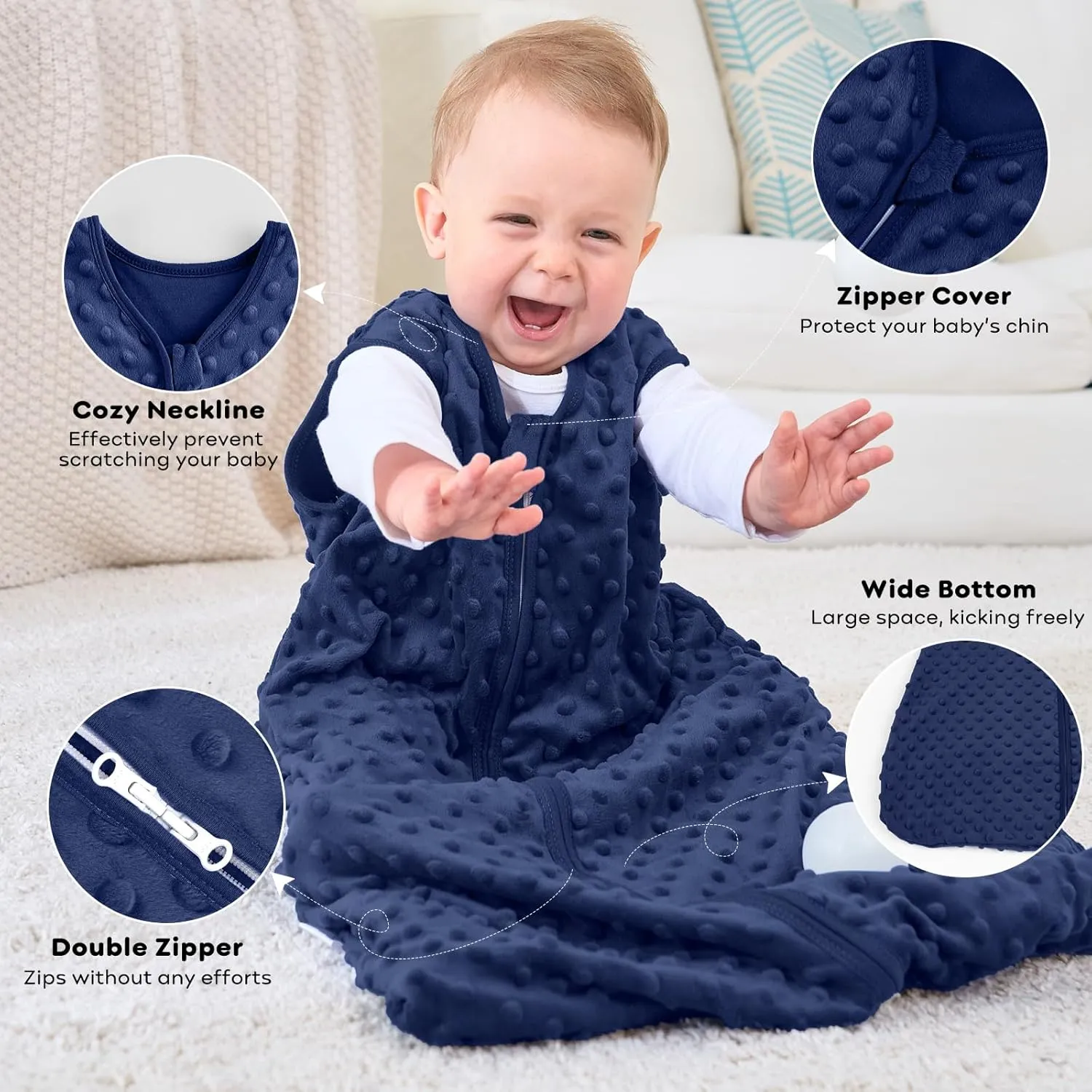 Fleece Baby Sleep Sack 18-24 Months, 1.5 TOG Cotton Baby Wearable Blanket With Soft Plush Dots, 2 Pack Newborn and Infant Warm Sleeping Sack with 2-Way Zipper Blue&Grey