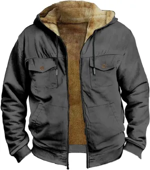 Fleece Jacket Men Workout Vintage Fuzzy Sherpa Lined Jacket Casual Zipper Winter Warm Jacket Coats with Cargo Pockets