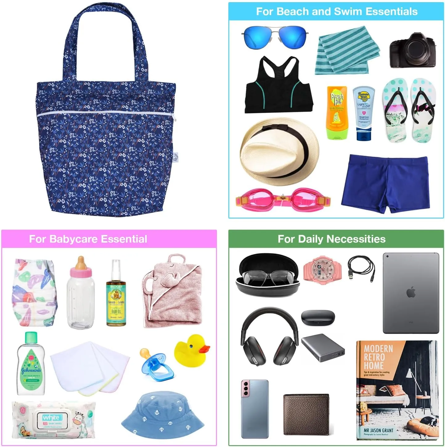 FLOCK THREE Leak Proof Large Tote Pool Bag Shoulder Handbag Water Proof with Zipper for Baby Care Sports Gym Grocery Travel