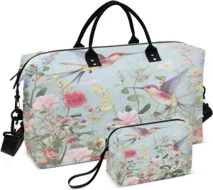 Flowers and Hummingbirds Travel Duffel Bag, Shoulder Weekender Overnight Bags - Large Gym Bag with Wet Pocket