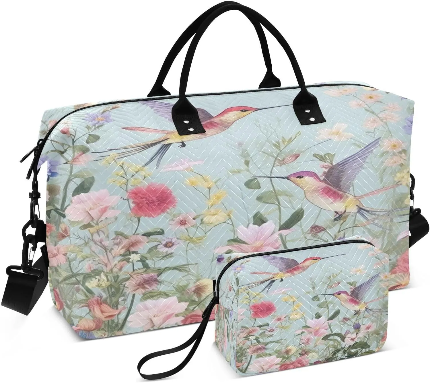 Flowers and Hummingbirds Travel Duffel Bag, Shoulder Weekender Overnight Bags - Large Gym Bag with Wet Pocket
