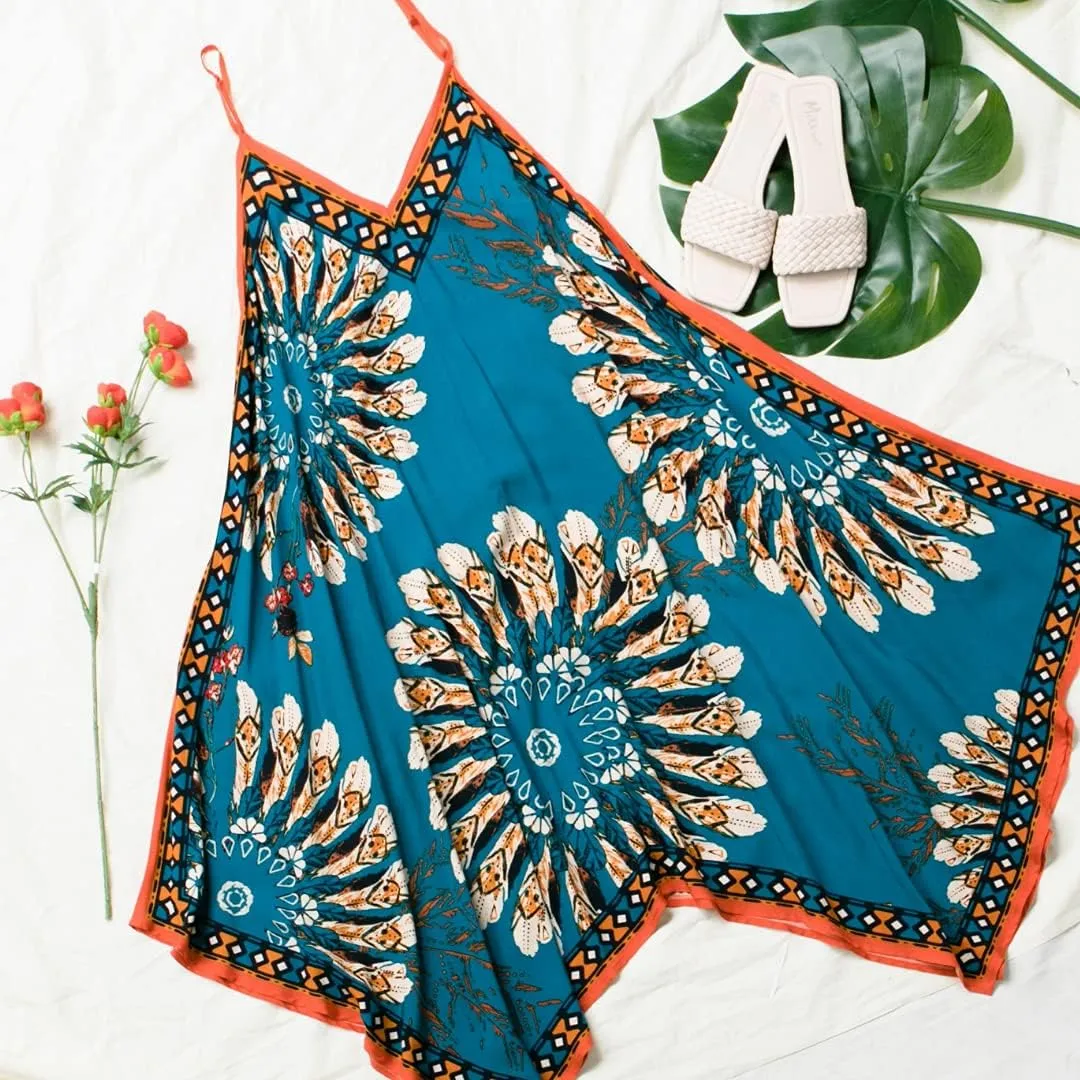 Flying Tomato Bohemian Printed V Neck Spaghetti Strap Drawstrings Beach Party Maxi Dress