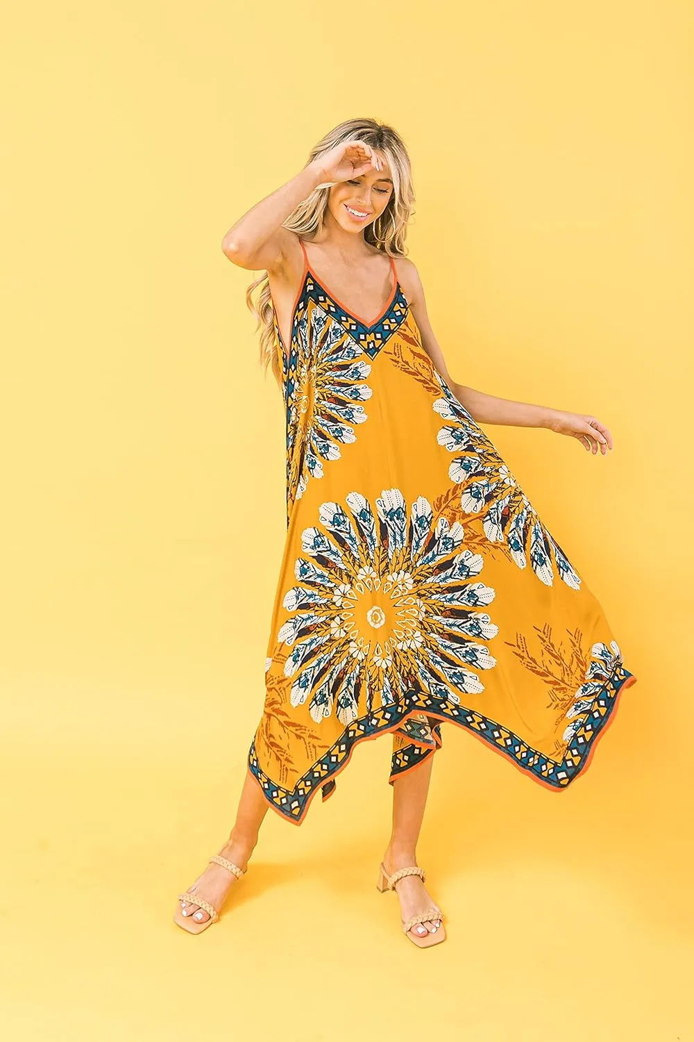 Flying Tomato Bohemian Printed V Neck Spaghetti Strap Drawstrings Beach Party Maxi Dress