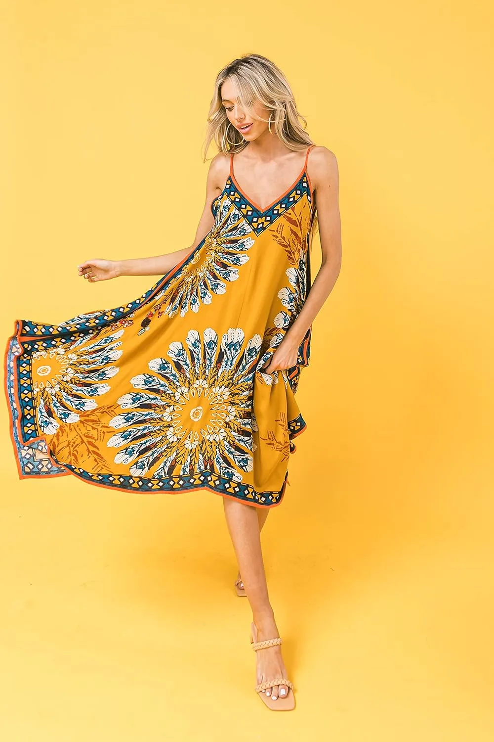 Flying Tomato Bohemian Printed V Neck Spaghetti Strap Drawstrings Beach Party Maxi Dress