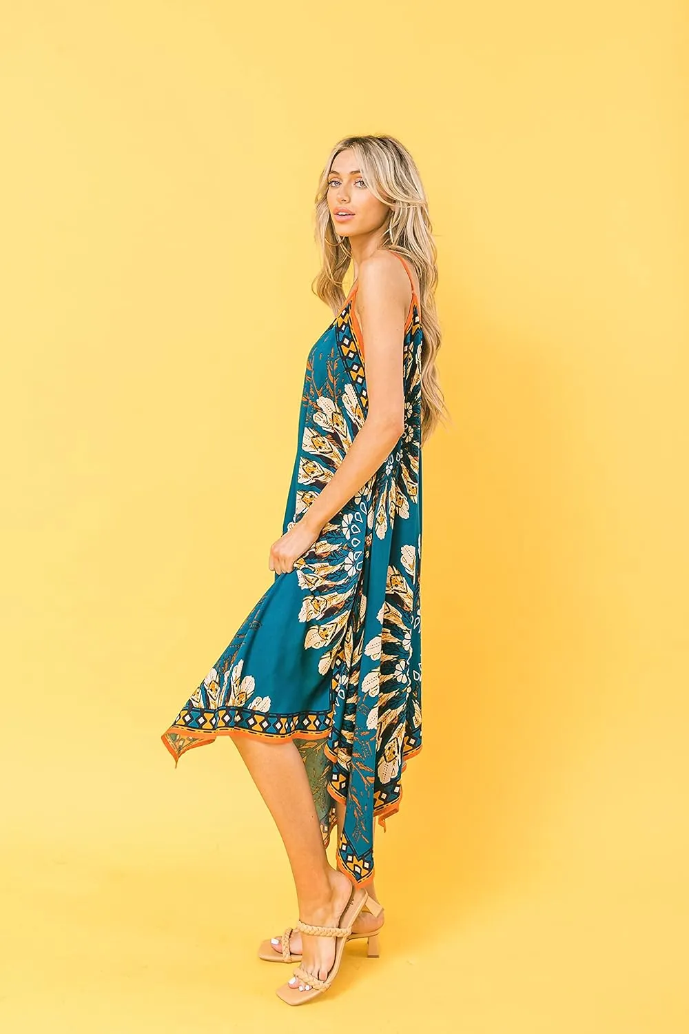 Flying Tomato Bohemian Printed V Neck Spaghetti Strap Drawstrings Beach Party Maxi Dress