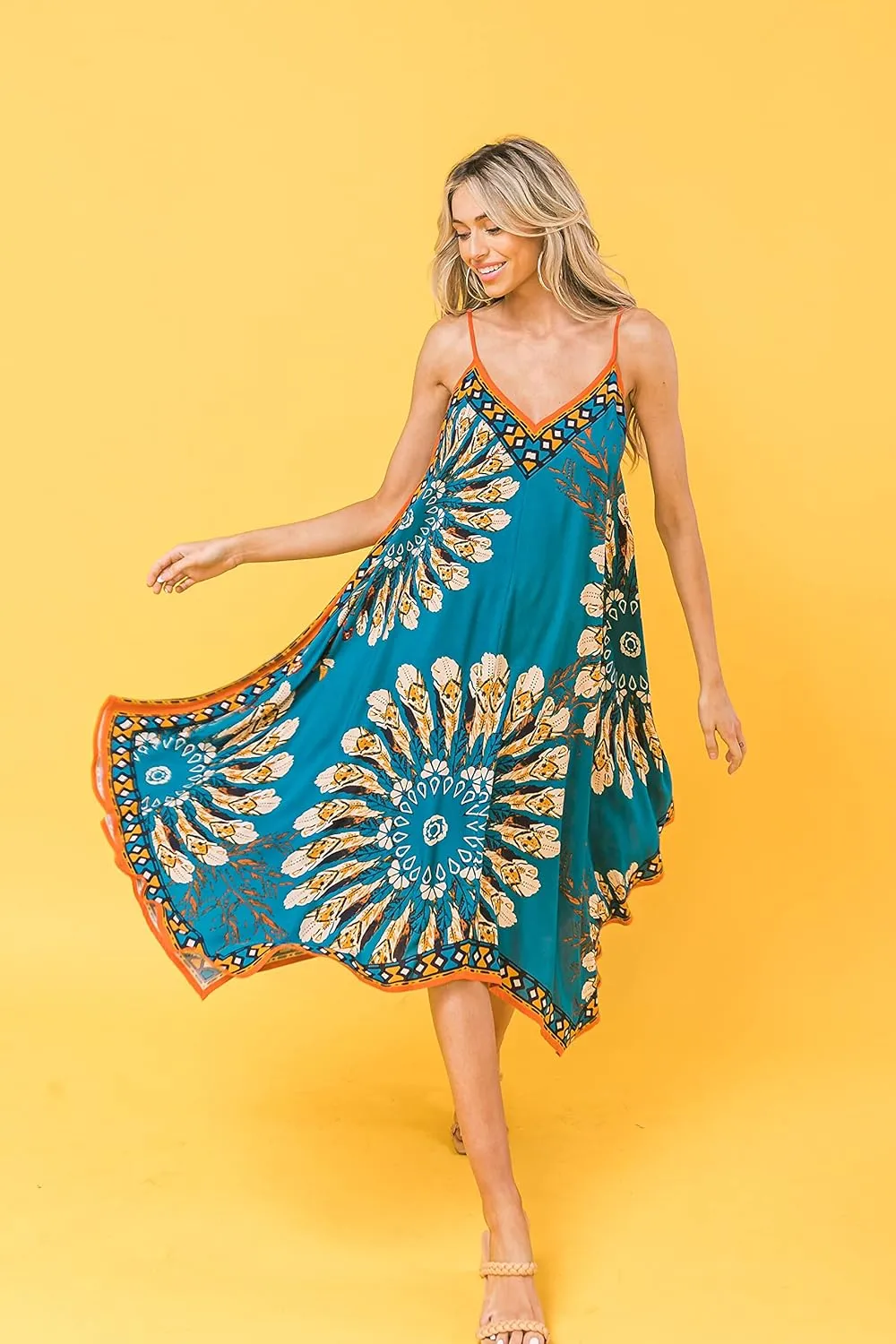 Flying Tomato Bohemian Printed V Neck Spaghetti Strap Drawstrings Beach Party Maxi Dress