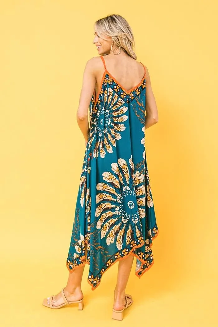 Flying Tomato Bohemian Printed V Neck Spaghetti Strap Drawstrings Beach Party Maxi Dress