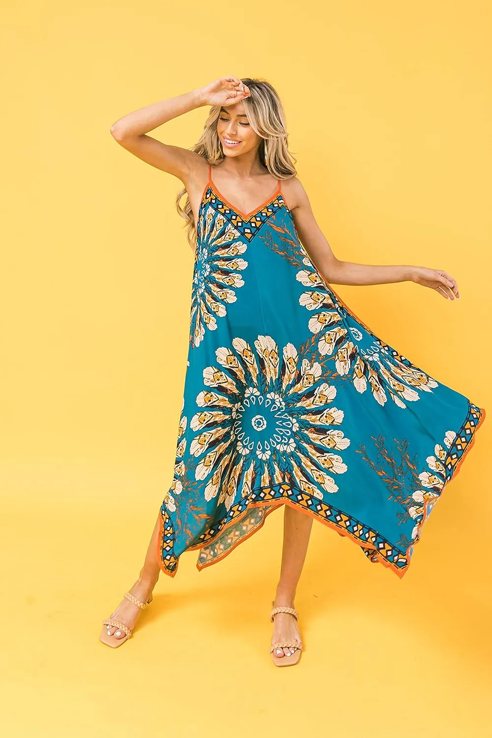 Flying Tomato Bohemian Printed V Neck Spaghetti Strap Drawstrings Beach Party Maxi Dress