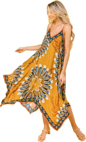 Flying Tomato Bohemian Printed V Neck Spaghetti Strap Drawstrings Beach Party Maxi Dress