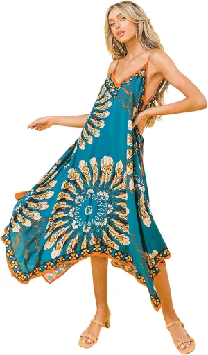 Flying Tomato Bohemian Printed V Neck Spaghetti Strap Drawstrings Beach Party Maxi Dress