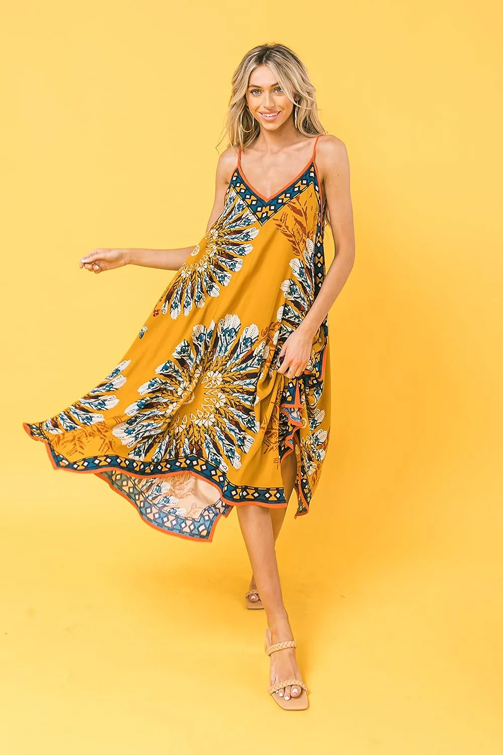 Flying Tomato Bohemian Printed V Neck Spaghetti Strap Drawstrings Beach Party Maxi Dress