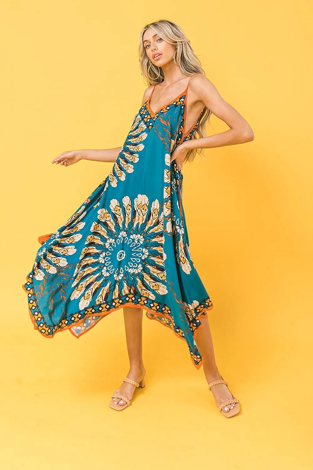 Flying Tomato Bohemian Printed V Neck Spaghetti Strap Drawstrings Beach Party Maxi Dress