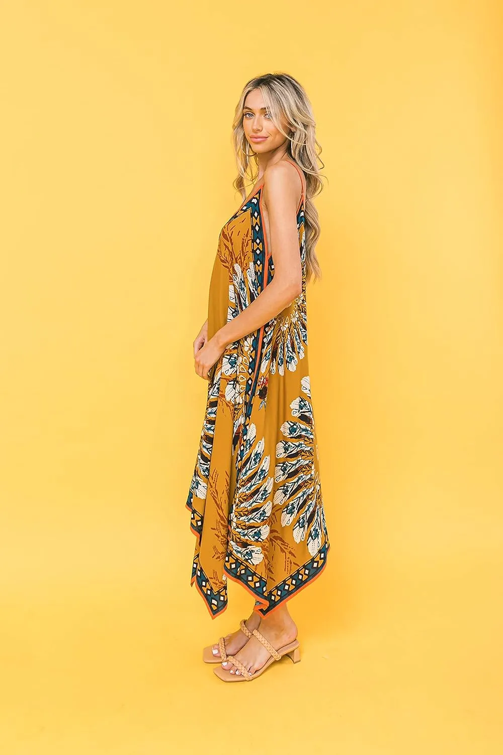 Flying Tomato Bohemian Printed V Neck Spaghetti Strap Drawstrings Beach Party Maxi Dress