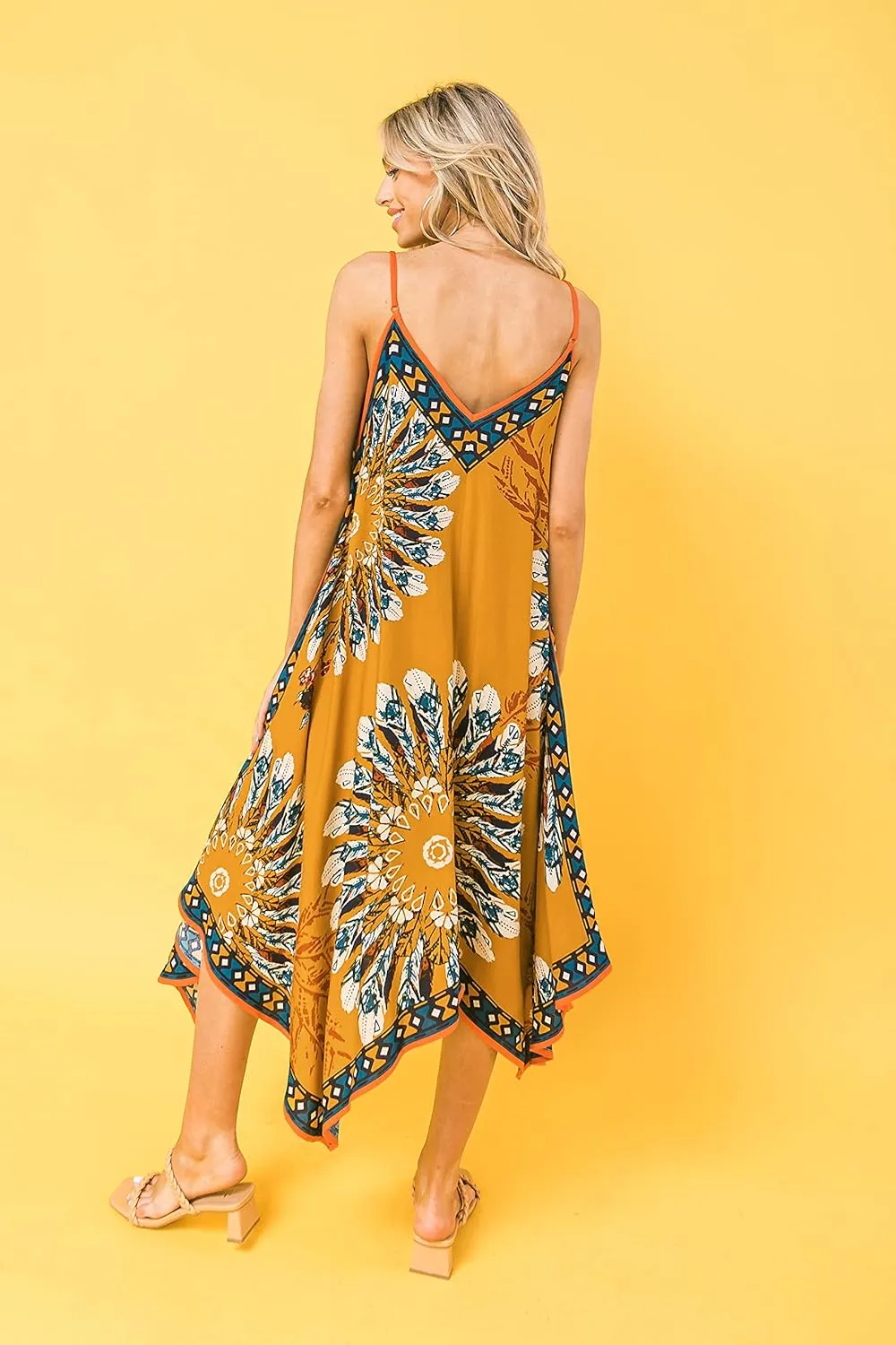 Flying Tomato Bohemian Printed V Neck Spaghetti Strap Drawstrings Beach Party Maxi Dress