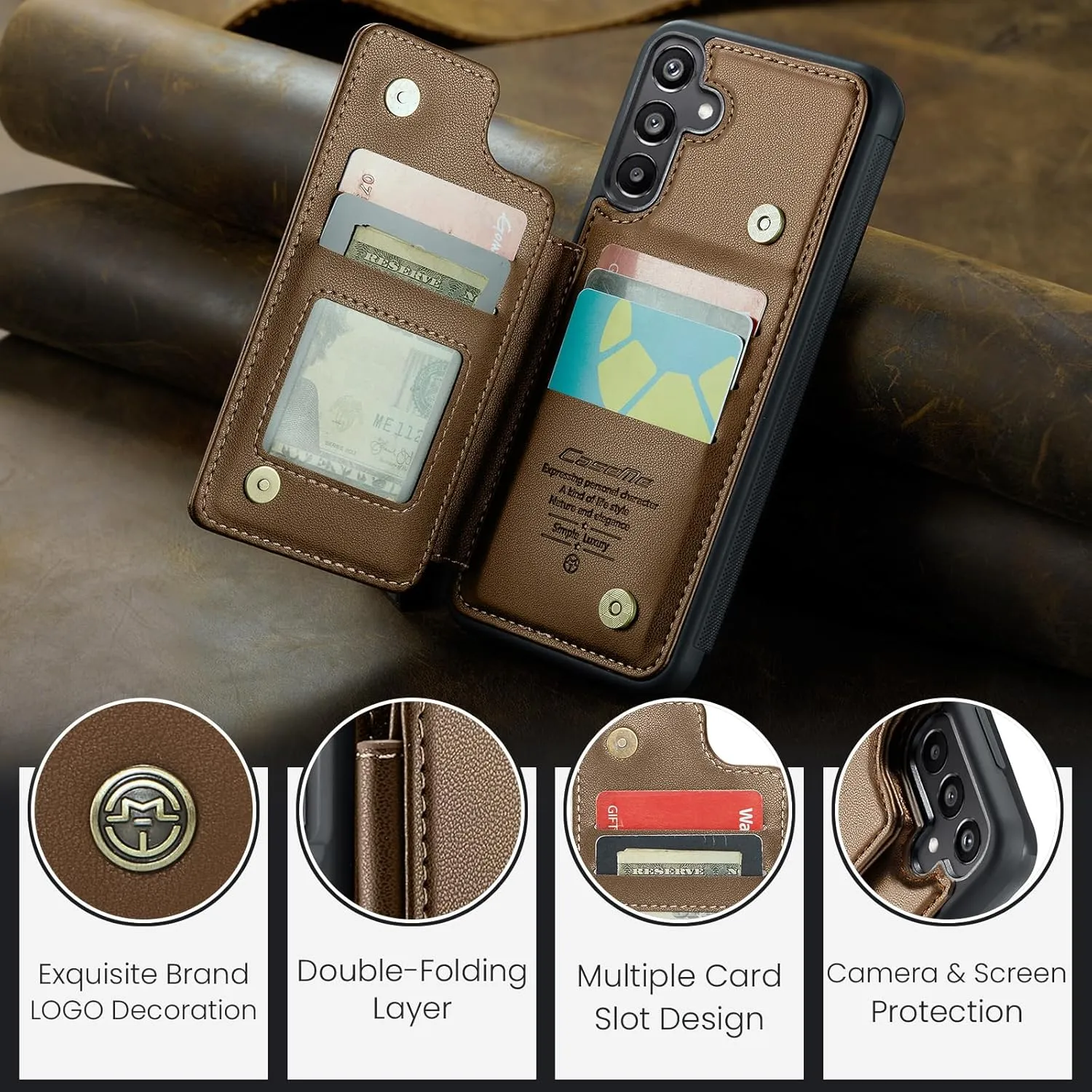 for Galaxy A15 5G Phone Case Wallet, Built-in Credit Card Holder (5 Cards), Pu Leather Magnetic Flip Flop with RFID for Men Women, Rugged Durable Kickstand Shockproof Case for Galaxy A15 5G (Brown)