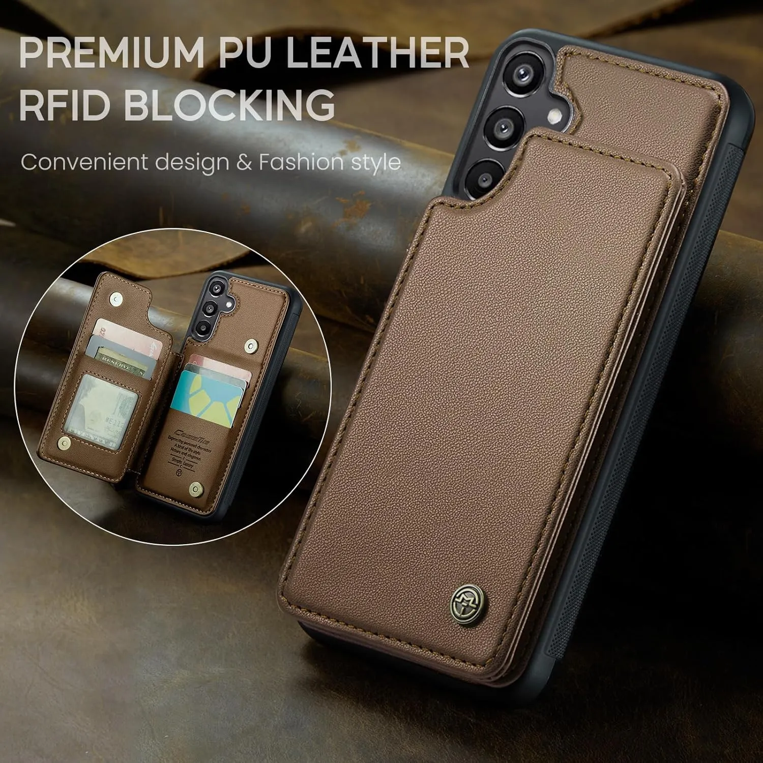 for Galaxy A15 5G Phone Case Wallet, Built-in Credit Card Holder (5 Cards), Pu Leather Magnetic Flip Flop with RFID for Men Women, Rugged Durable Kickstand Shockproof Case for Galaxy A15 5G (Brown)