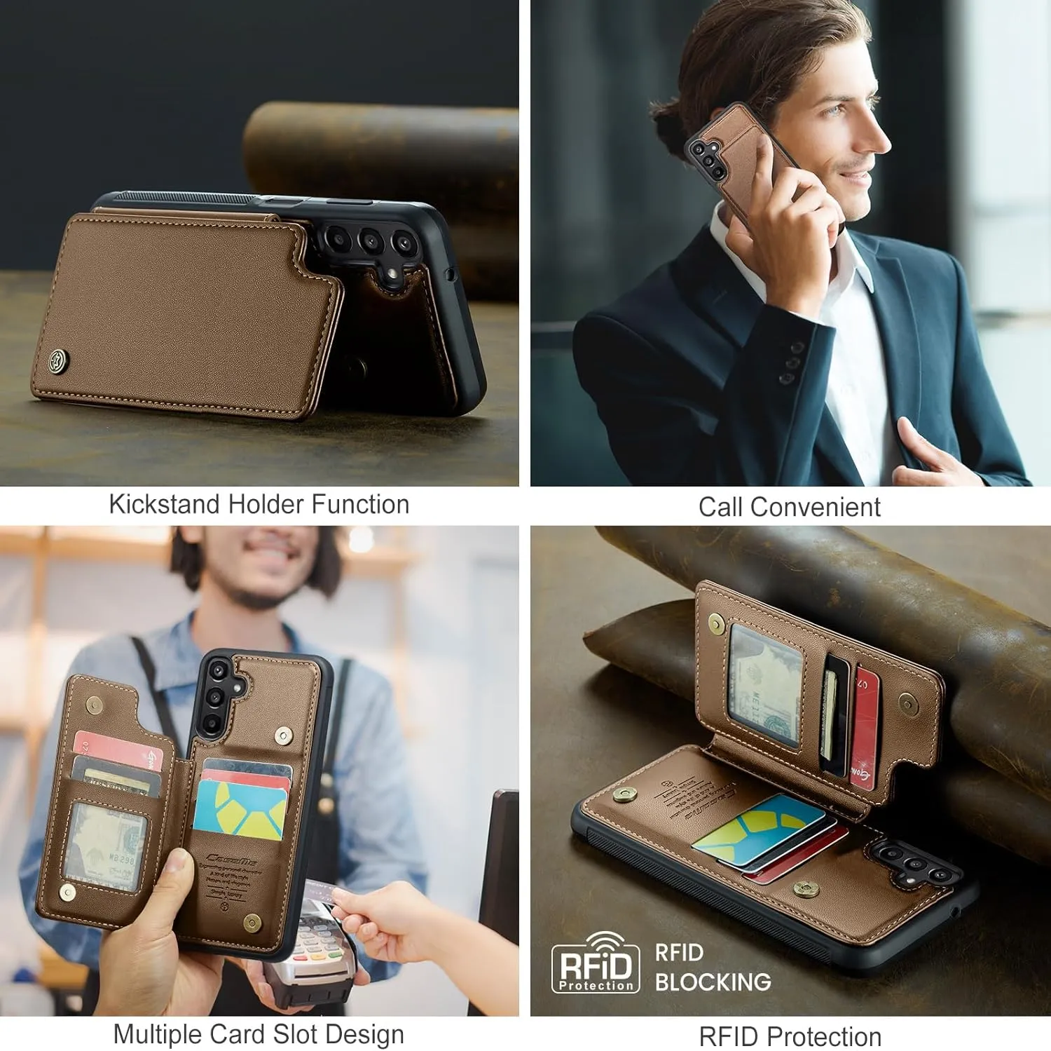 for Galaxy A15 5G Phone Case Wallet, Built-in Credit Card Holder (5 Cards), Pu Leather Magnetic Flip Flop with RFID for Men Women, Rugged Durable Kickstand Shockproof Case for Galaxy A15 5G (Brown)