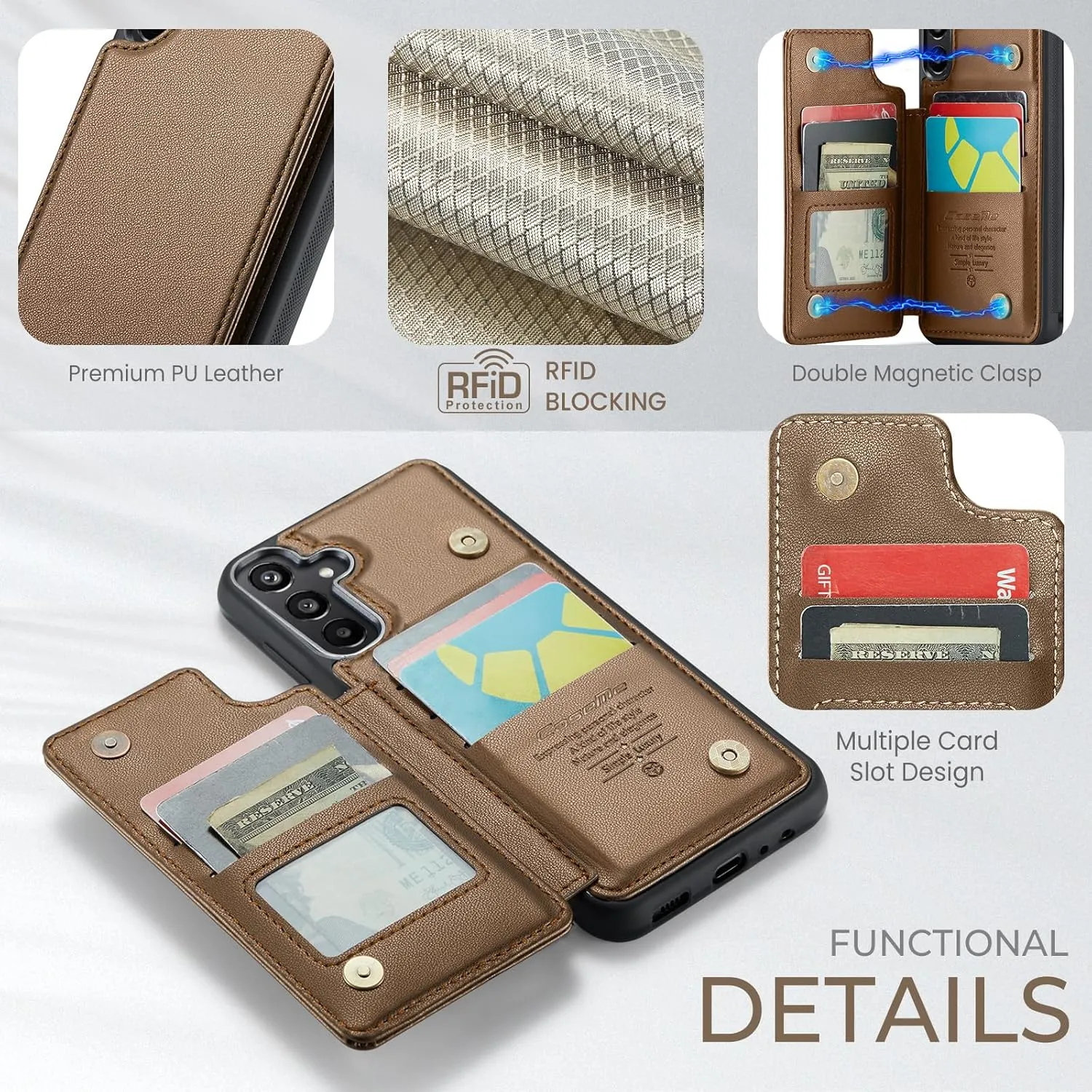 for Galaxy A15 5G Phone Case Wallet, Built-in Credit Card Holder (5 Cards), Pu Leather Magnetic Flip Flop with RFID for Men Women, Rugged Durable Kickstand Shockproof Case for Galaxy A15 5G (Brown)