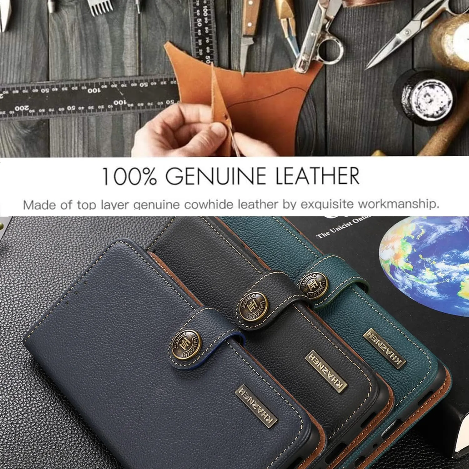 for iPhone 14 Pro Wallet Case，Cowhide Genuine Leather Folio Flip Cover with RFID Credit Card Holder Cash Holder Magnetic Closure Anti-Fall Shockproof TPU Kickstand Blue