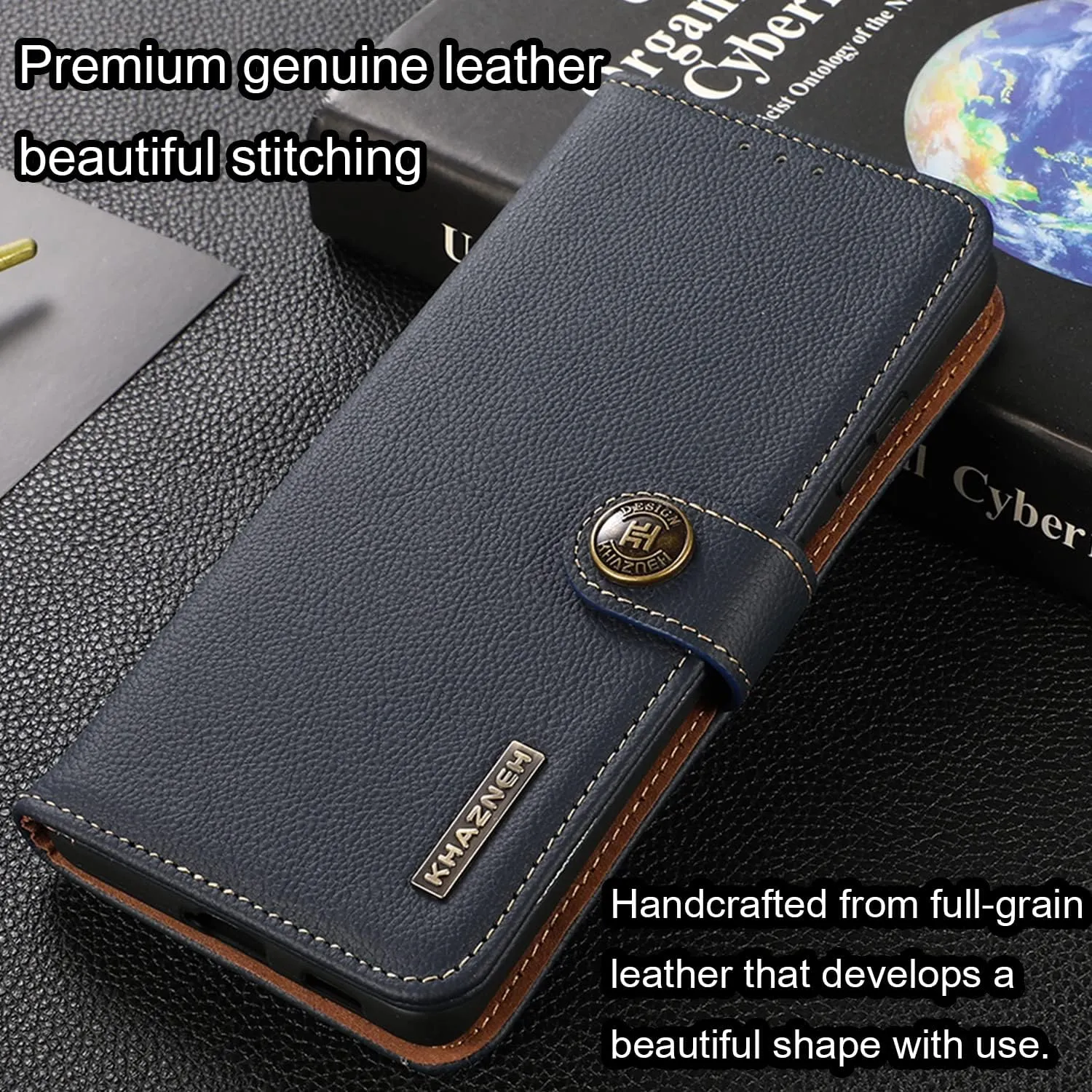 for iPhone 14 Pro Wallet Case，Cowhide Genuine Leather Folio Flip Cover with RFID Credit Card Holder Cash Holder Magnetic Closure Anti-Fall Shockproof TPU Kickstand Blue