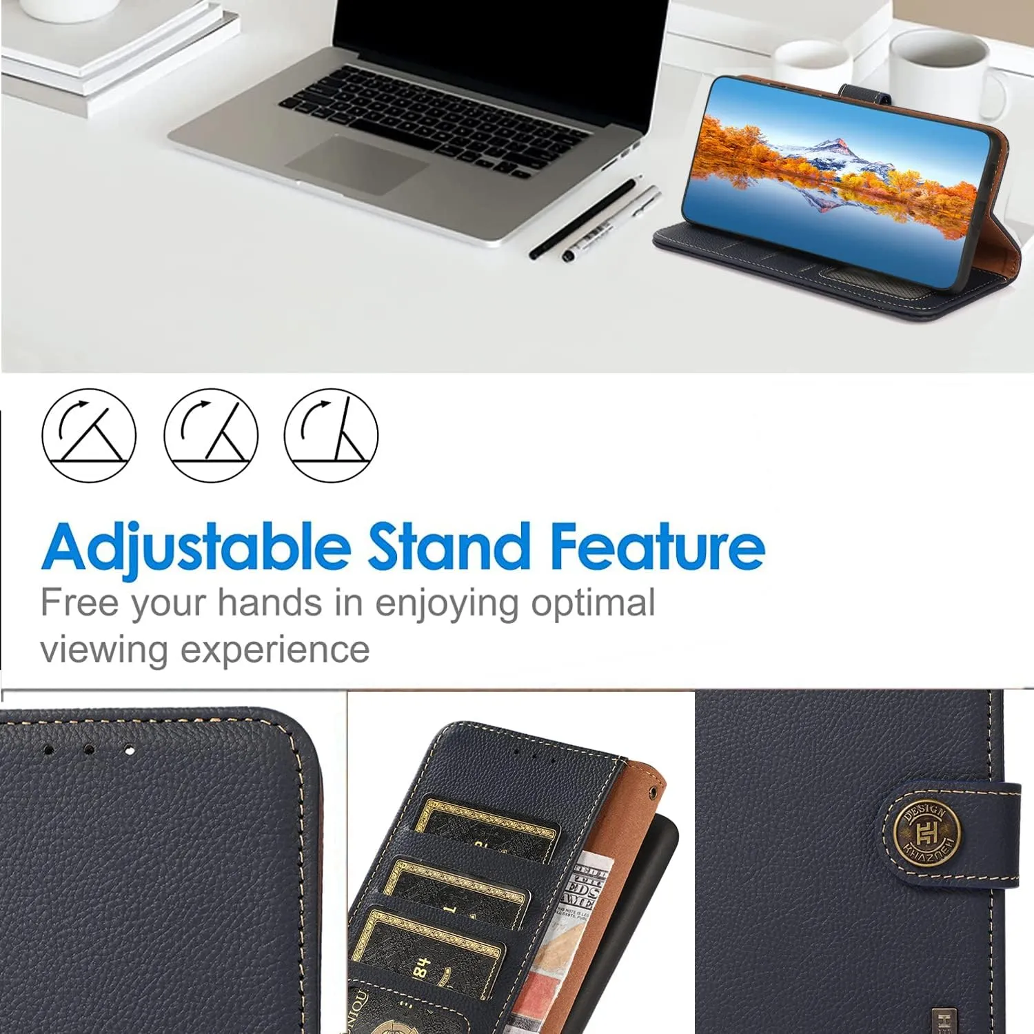 for iPhone 14 Pro Wallet Case，Cowhide Genuine Leather Folio Flip Cover with RFID Credit Card Holder Cash Holder Magnetic Closure Anti-Fall Shockproof TPU Kickstand Blue