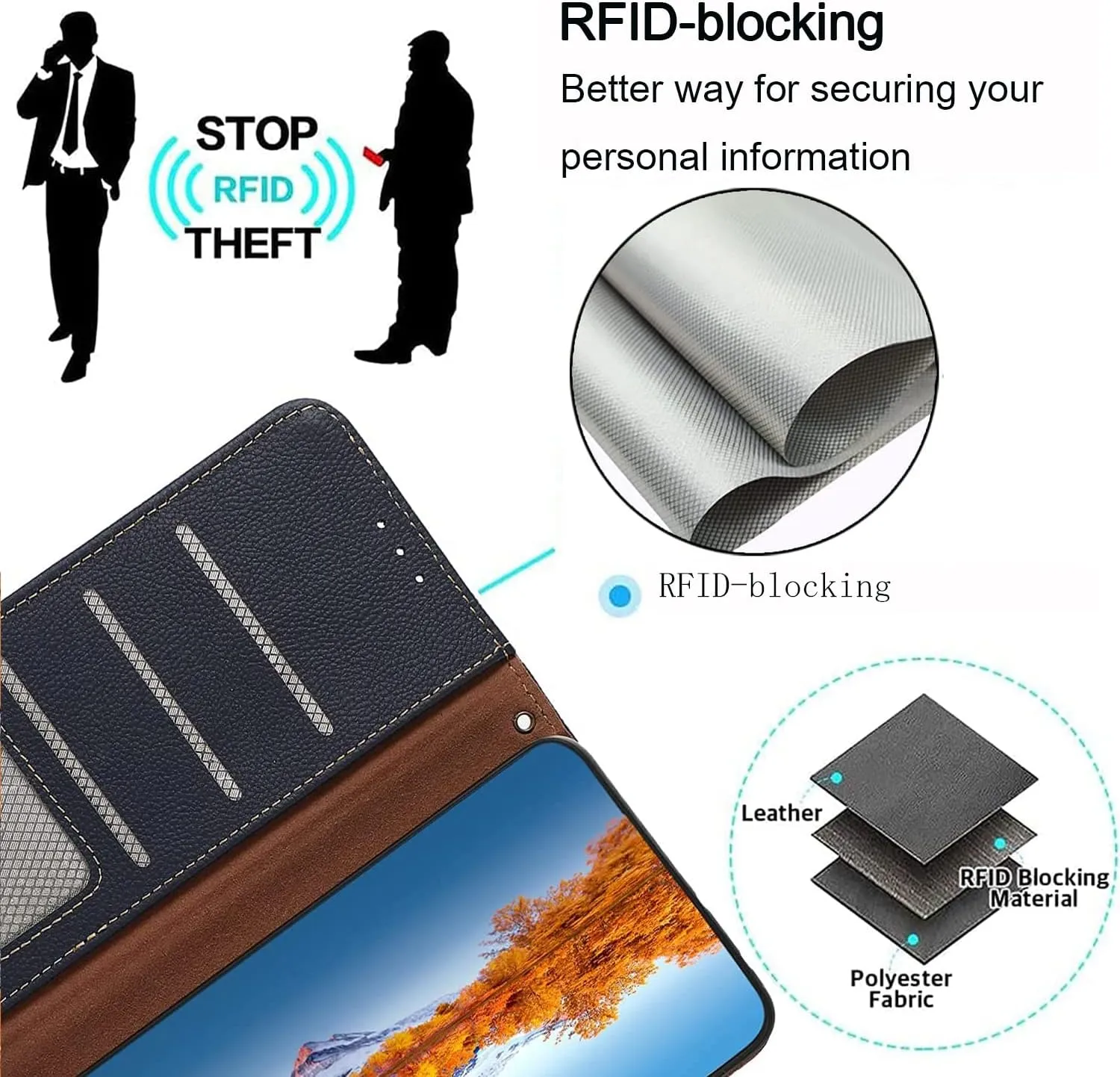 for iPhone 14 Pro Wallet Case，Cowhide Genuine Leather Folio Flip Cover with RFID Credit Card Holder Cash Holder Magnetic Closure Anti-Fall Shockproof TPU Kickstand Blue