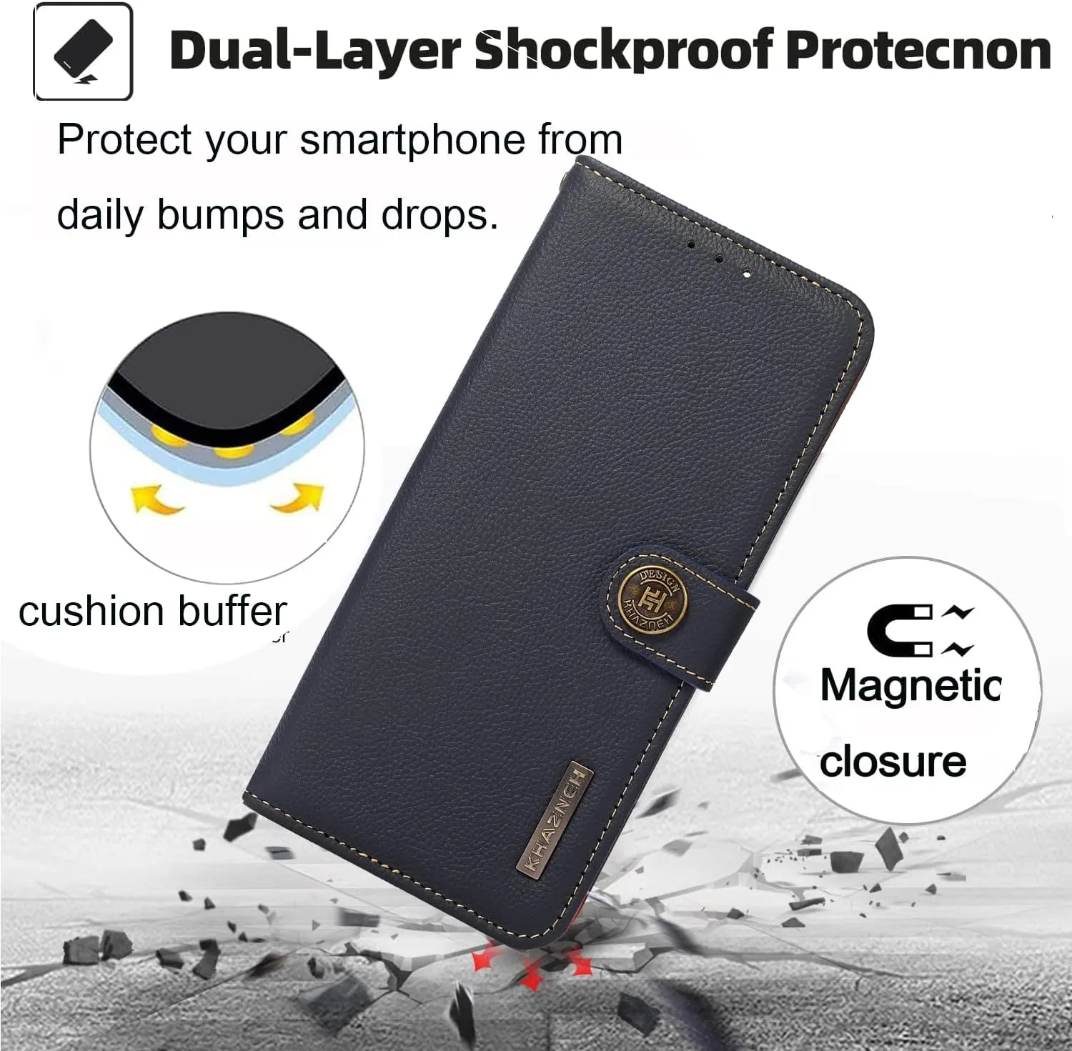for iPhone 14 Pro Wallet Case，Cowhide Genuine Leather Folio Flip Cover with RFID Credit Card Holder Cash Holder Magnetic Closure Anti-Fall Shockproof TPU Kickstand Blue
