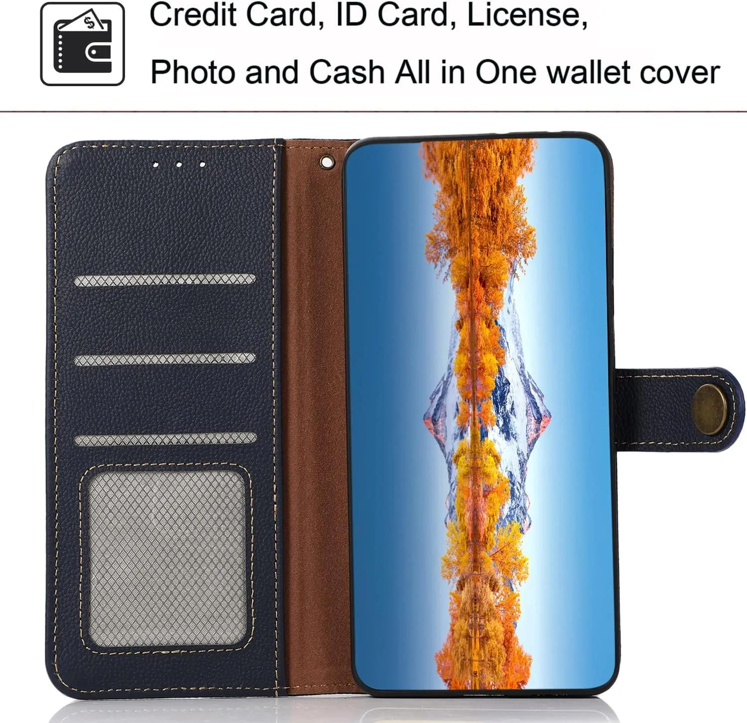 for iPhone 14 Pro Wallet Case，Cowhide Genuine Leather Folio Flip Cover with RFID Credit Card Holder Cash Holder Magnetic Closure Anti-Fall Shockproof TPU Kickstand Blue