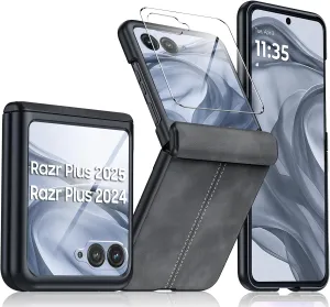 for Motorola razr  Plus 2024 Case/Razr  Plus 2025 Case Built-in Screen Protector& Hinge Protection & Ultra Thin PU Leather Matte PC Shockproof Phone Case for Moto Razr  2024/2025 (Black Gray)