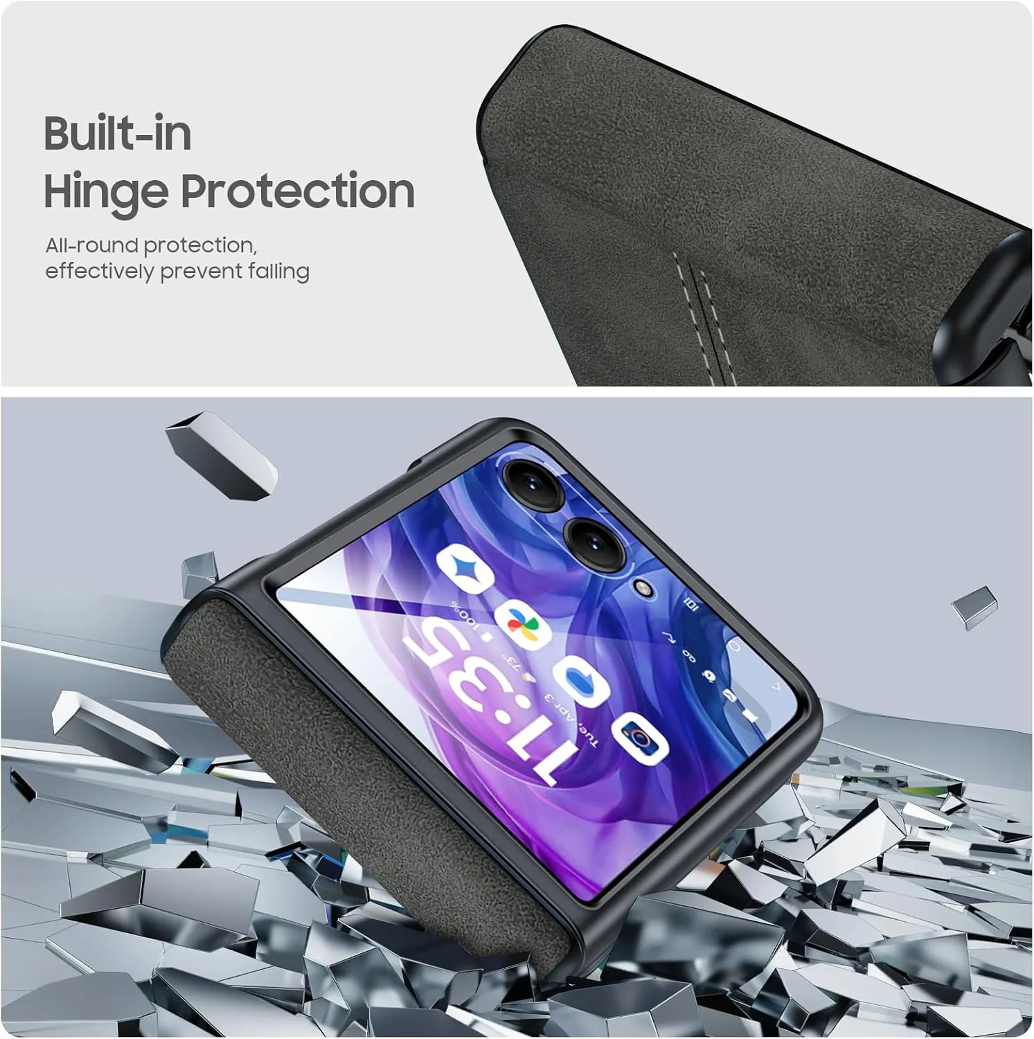 for Motorola razr  Plus 2024 Case/Razr  Plus 2025 Case Built-in Screen Protector& Hinge Protection & Ultra Thin PU Leather Matte PC Shockproof Phone Case for Moto Razr  2024/2025 (Black Gray)