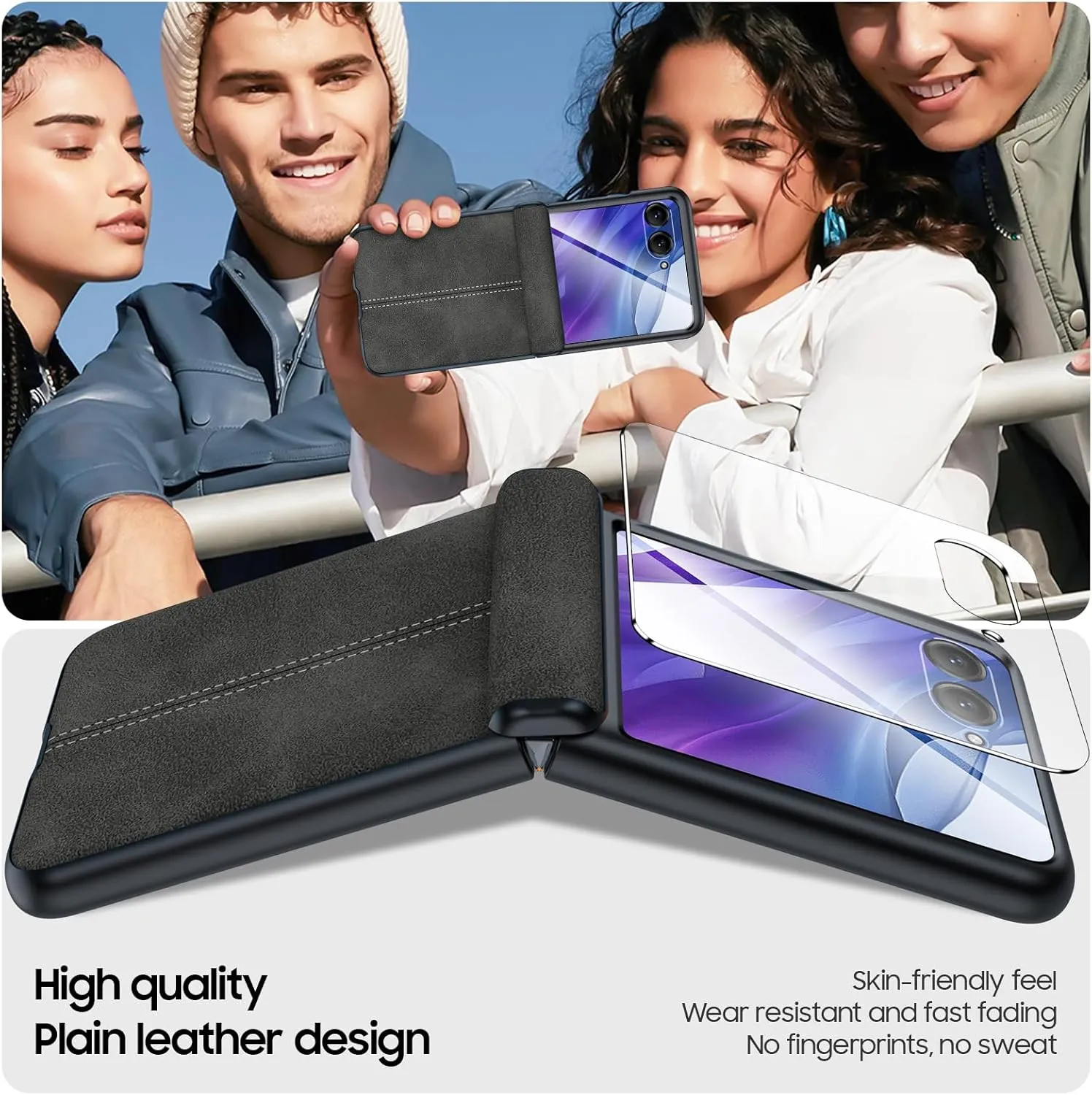 for Motorola razr  Plus 2024 Case/Razr  Plus 2025 Case Built-in Screen Protector& Hinge Protection & Ultra Thin PU Leather Matte PC Shockproof Phone Case for Moto Razr  2024/2025 (Black Gray)