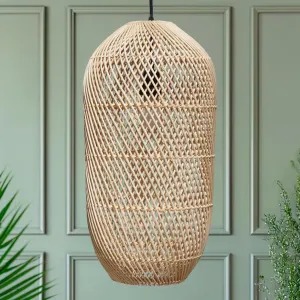 FOREVER BAMBOO Handcrafted Indonesian Natural Rattan Pendant Light Shade Wicker Light Fixtures Luxurious Cylinder Shape Woven Lampshade Chandelier Interior Decor, 21 in H x 10 in W