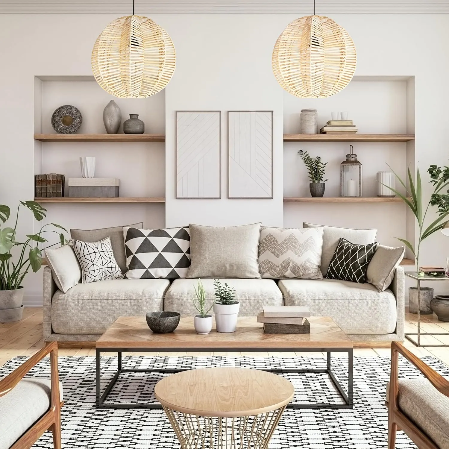 FOREVER BAMBOO Indonesian Hand-Woven Natural Rattan Chandelier Pendant Light Fixture Zig-Zag Shape for Kitchen Island, Living Room, Dining Room, 18 in H x 12 in W