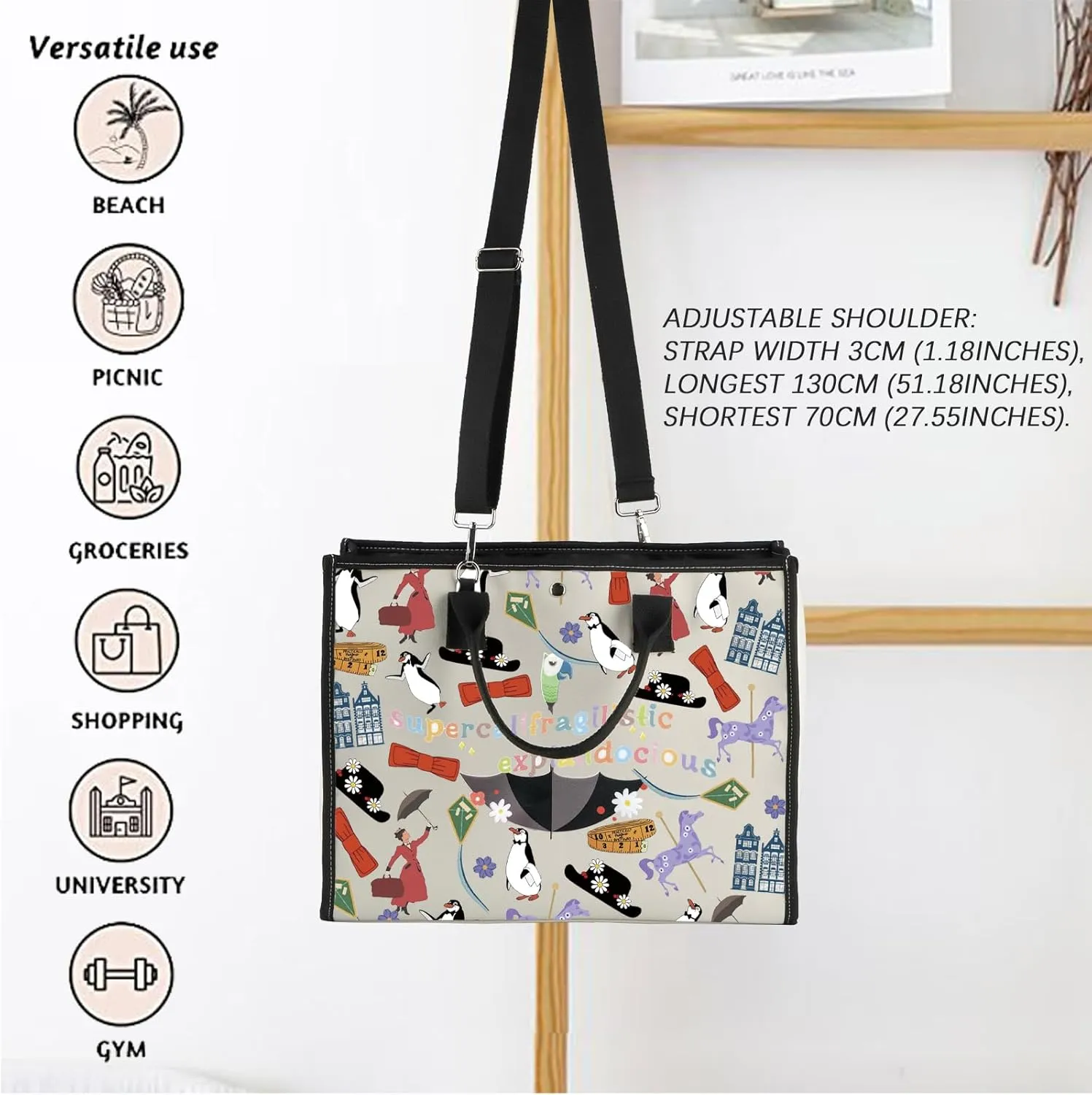 FOTAP Mary Inspire Tote Bag Supercalifragilistic Umbrella Mary Handbag Mary Musicals Lover Gift Mary Movie Shoulder Bag