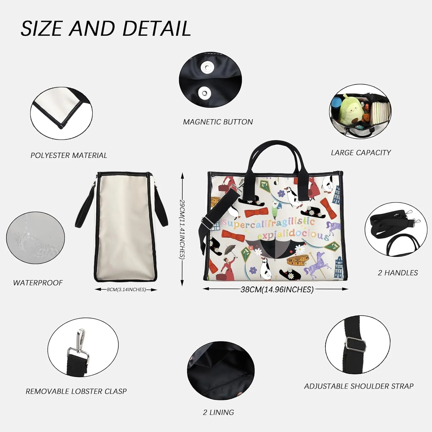 FOTAP Mary Inspire Tote Bag Supercalifragilistic Umbrella Mary Handbag Mary Musicals Lover Gift Mary Movie Shoulder Bag
