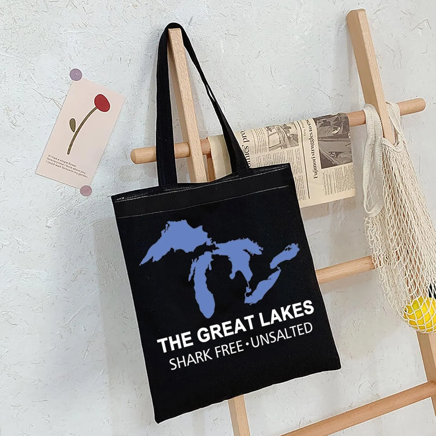 FOTAP Michigan Trip Gift Tote Bag Travel Journal Sharks Lover Eco Tote (Great Lakes blk)