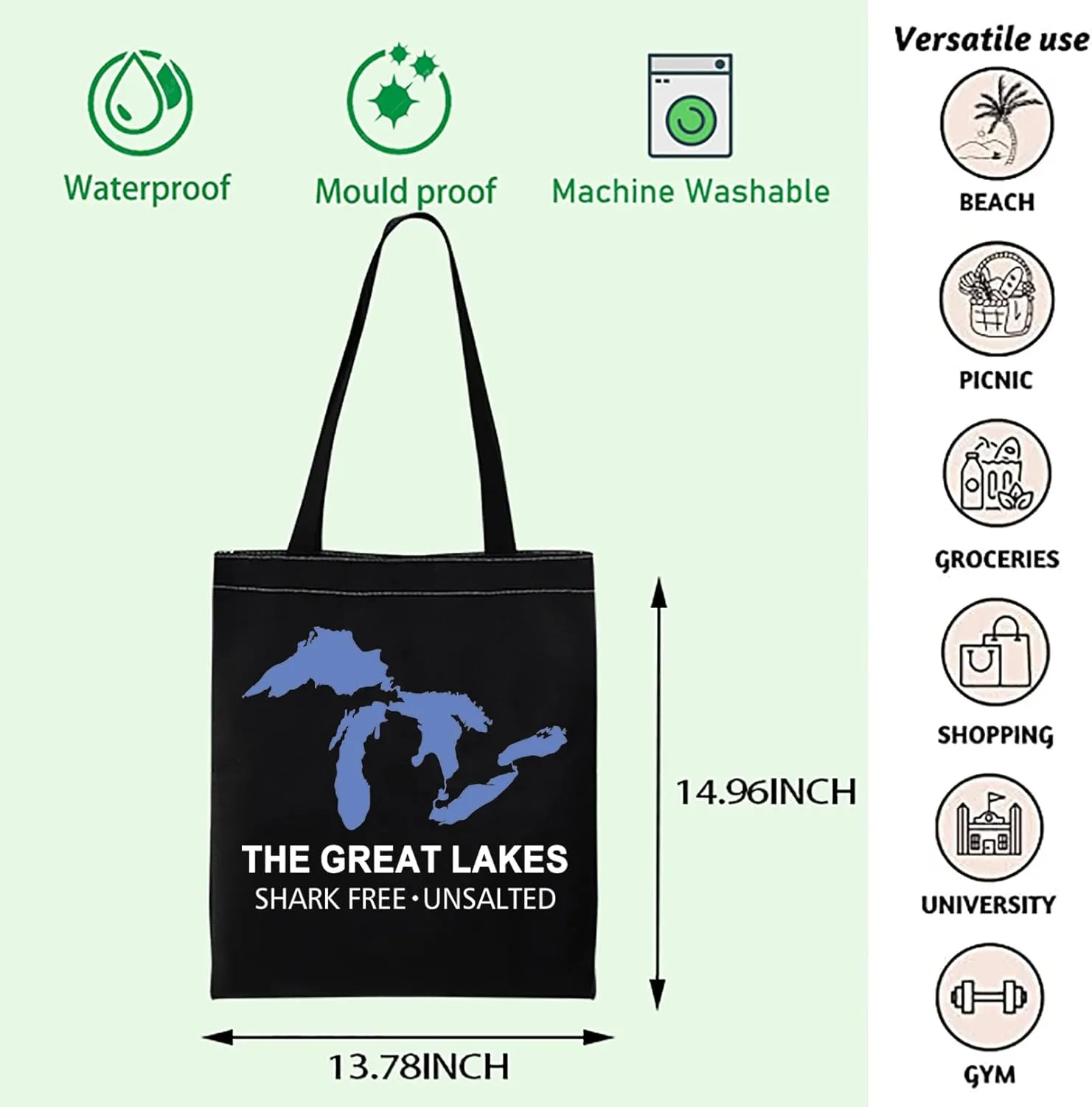 FOTAP Michigan Trip Gift Tote Bag Travel Journal Sharks Lover Eco Tote (Great Lakes blk)