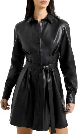 French Connection Womens Crolenda Faux Leather Coated Shirtdress