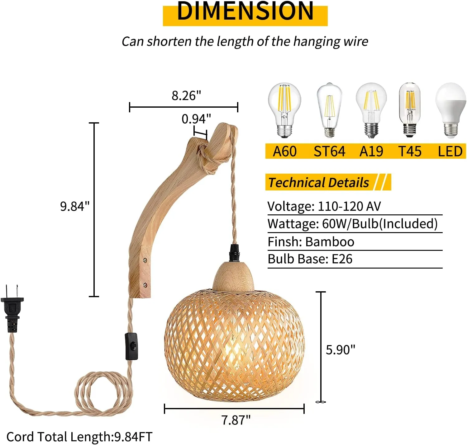 Frideko Bamboo Wall Sconces Set of Two Plug in, Boho Wall Lamp with Plug in Cord, Farmhouse Wall Light Fixtures with 9.84FT On/Off Switch Cord, Rattan Sconces Wall Lighting for Bedroom Living Room